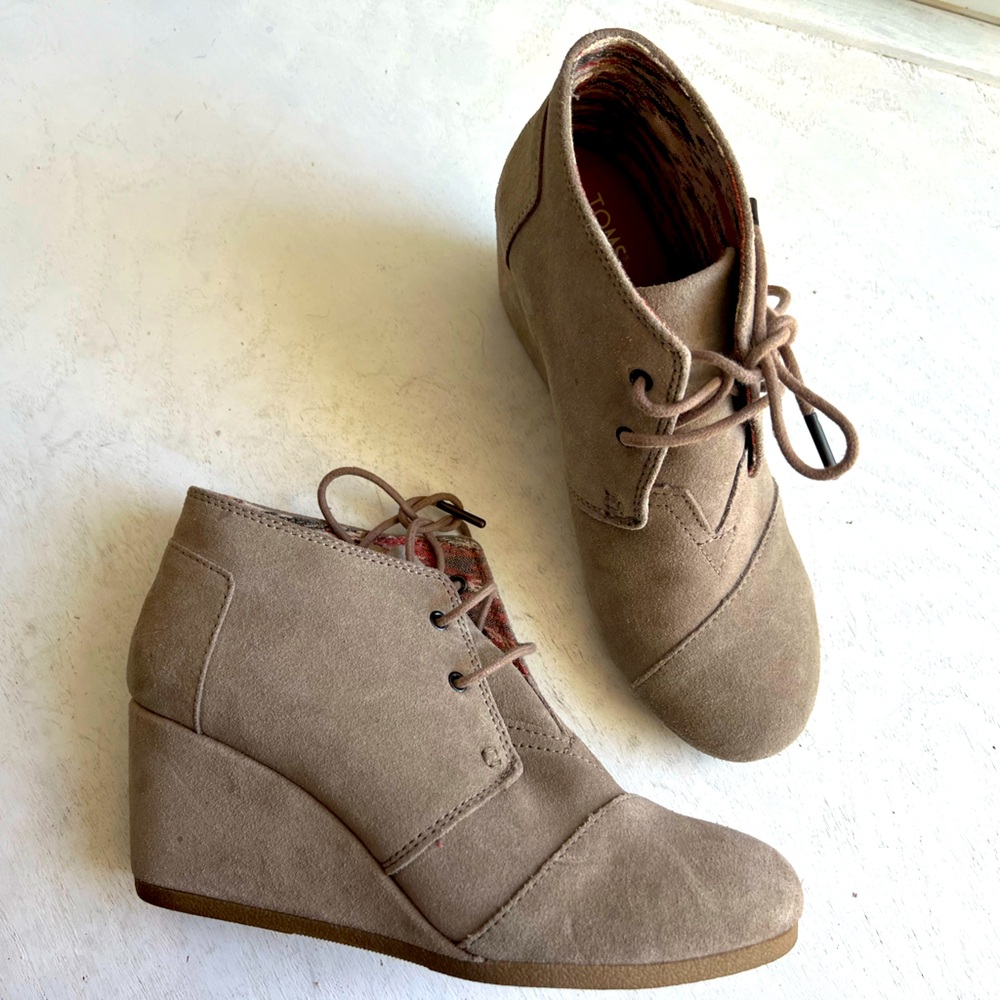 TOMS suede laced wedge booties